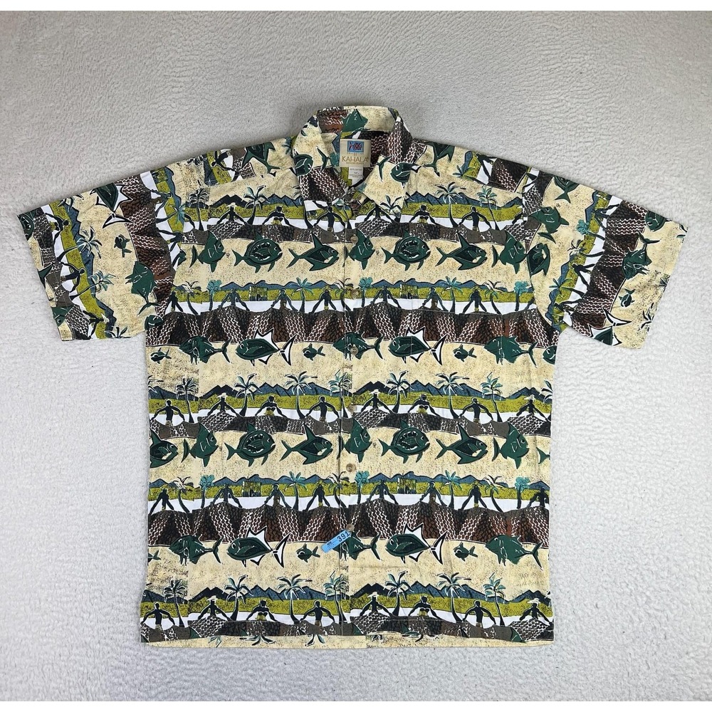 Kahala Shirt Mens Medium Hawaiian Fish Print Short Sleeve Button Up Cotton